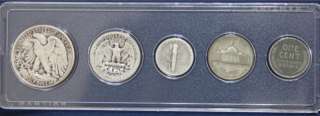 1943 5 Coin U.S. Year Set Silver Walking Liberty, Mercury Dime, Steel 