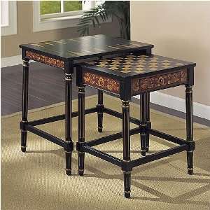  Antique Black Nested Game Tables with Game Pieces  