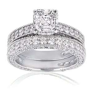  3.40 Ct Asscher Cut Diamond Engagement Wedding Rings Pave 