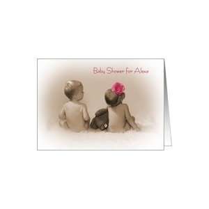 Baby Shower Invitation for Alexa, little boy and girl with pink flower 