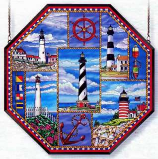 BY THE SEA LIGHTHOUSE SAIL BOATS NAUTICAL STAINED GLASS  