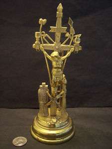 Religious Antique Spelter Metal Crucifix Cross Sculptur  