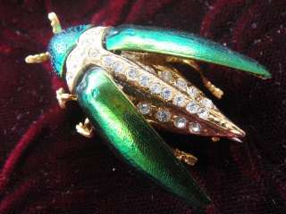 BROOCH PIN Real Iridescent Green BEETLE Bug Scarab Gold FOSSIL 