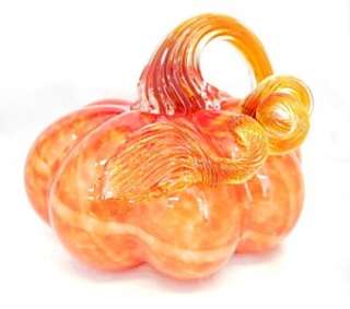 NEW Hand Blown Glass Orange Ribbon Pumpkin 5 Inch  