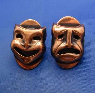 Vintage Copper Drama Theater Mask Comedy & Tragedy Earrings marked KIM 