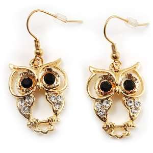  Gold Tone Crystal Drop Owl Earrings Jewelry