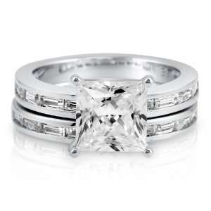 Princess Cubic Zirconia Sterling Silver 2 Pc Bridal Ring Set 3.01 ct 