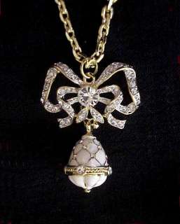   Faberge Lovers Ribbon Knot & White Enamel Egg Pendant Necklace  
