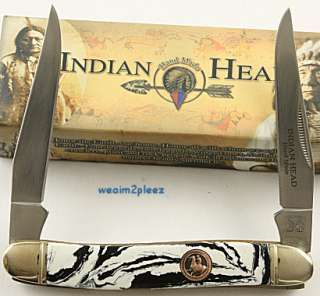INDIAN HEAD Black White Swirl MUSKRAT Pocket Knife New Handles 22 