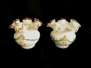 Lovely Vintage Pr. Fenton Silver Crest Vases~Handpainted Charleton 