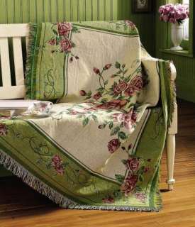 Green Pink Floral Rose Tapestry Throw Blanket Polyester Cotton NEW 