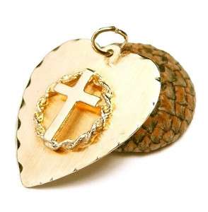 VINTAGE 14K GOLD cross and ring on heart disc CHARM  