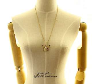   Vintage Gold Tone Crown Red Heart Pendant Long Chain Necklace New