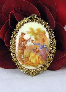 Vintage Painted Cameo Ornate Gold tone Pin Brooch CAT RESCUE  