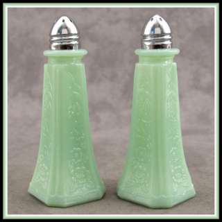 JADEITE GREEN GLASS FLORAL SALT & PEPPER SHAKER SET w/ METAL LIDS 