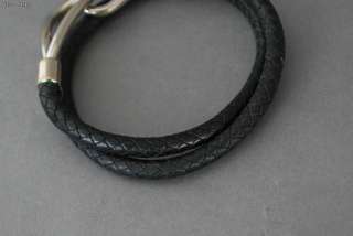   VTG HERMES Silvertone Jumbo Hook Double Bracelet Black Woven Leather