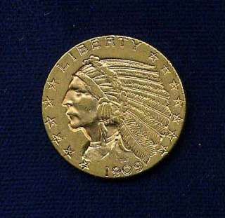 1909 $5 DOLLAR INDIAN HALF EAGLE GOLD COIN, XF+  