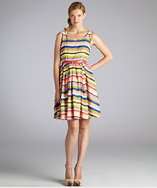   and white striped belted nipped waist day dress style# 319129801