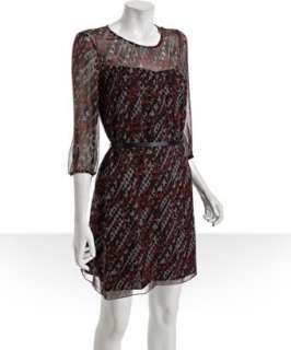 Campaigne red houndstooth print silk chiffon belted dress   up 