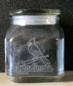 ETCHED SQUARE GLASS CANDY JAR, ST.LOUIS CARDINALS LOGOS, 2 DIFFERENT 