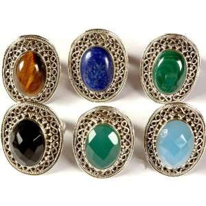 Lot of Six Gemstone Rings (Tiger Eye, Lapis Lazuli, Malachite, Faceted 