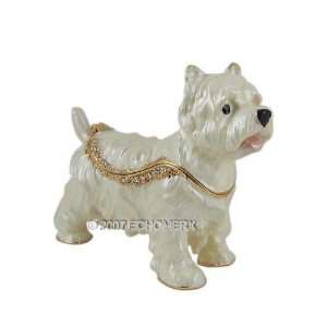 Trinket Box   Scottish Terrier Bejeweled  White Enameled   Collectible 
