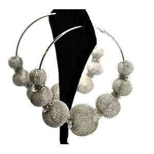  Silver Mesh Disco Ball Hoop Earrings with 6 Iced Out Mini 