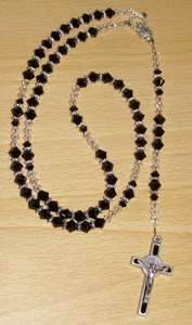 Swarovski Crystal Clear, Silver & Black Rosary Prayer Cross Mens 