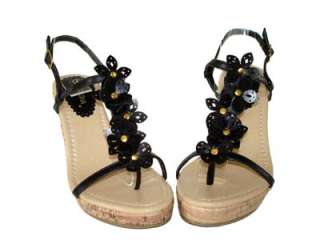 Adorable Flower T Strap Platform Wedge Heel Sandal Black Size 7  