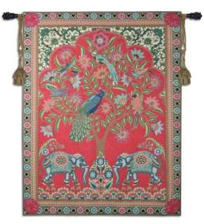   ELEPHANTS PEACOCKS INDIAN INDIA TREE OF LIFE ART TAPESTRY WALL HANGING