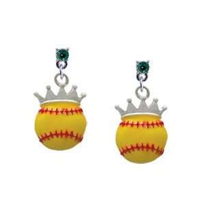 Softball optic yellow   Crown Emerald Swarovski Post Charm 