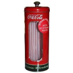 Vintage Style Coca Cola Coke Tin Drinking Straw Holder, 50 Straws 