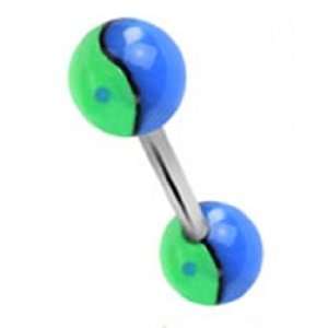 Tongue Ring Piercing Barbell with Green and Blue Ying Yang Design 